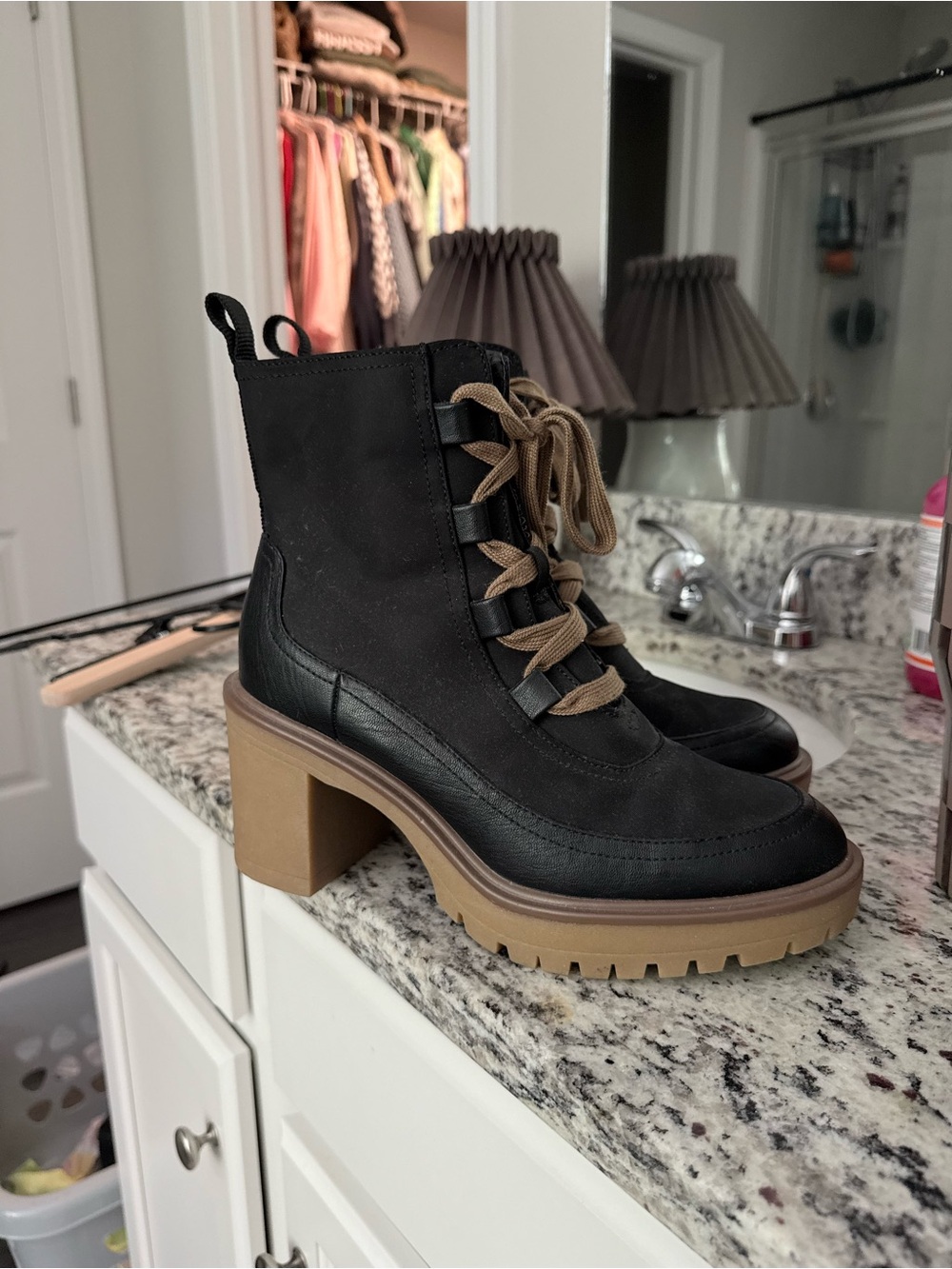 Block Heel Lace-Up Ankle Boots in Black and Tan